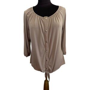 Coral Bay Tan Round Neck, Button Down, 3/4 Sleeve Top, Size Medium